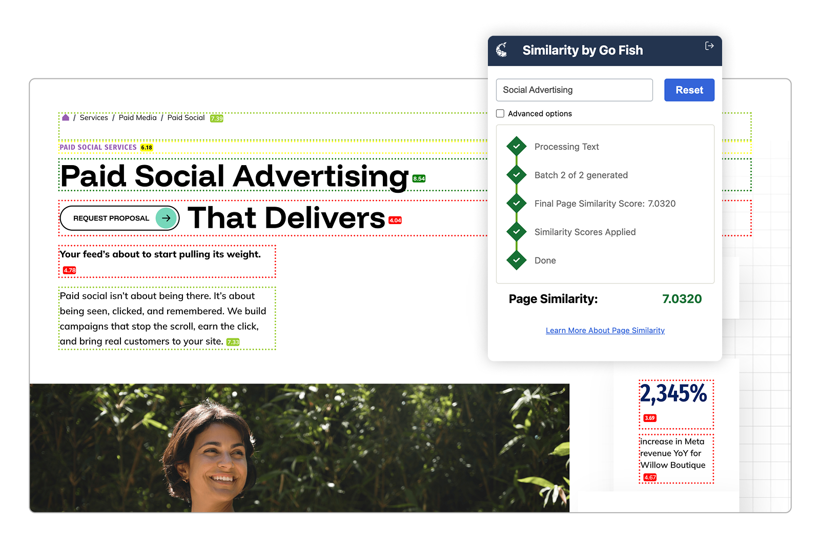 Extension highlighting content passages with AI similarity scores