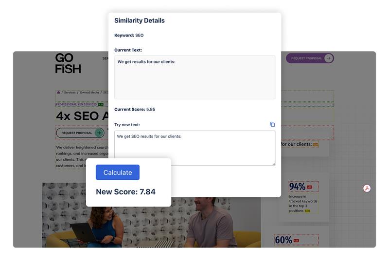 Text improvement modal showing AI semantic score improvements for GEO